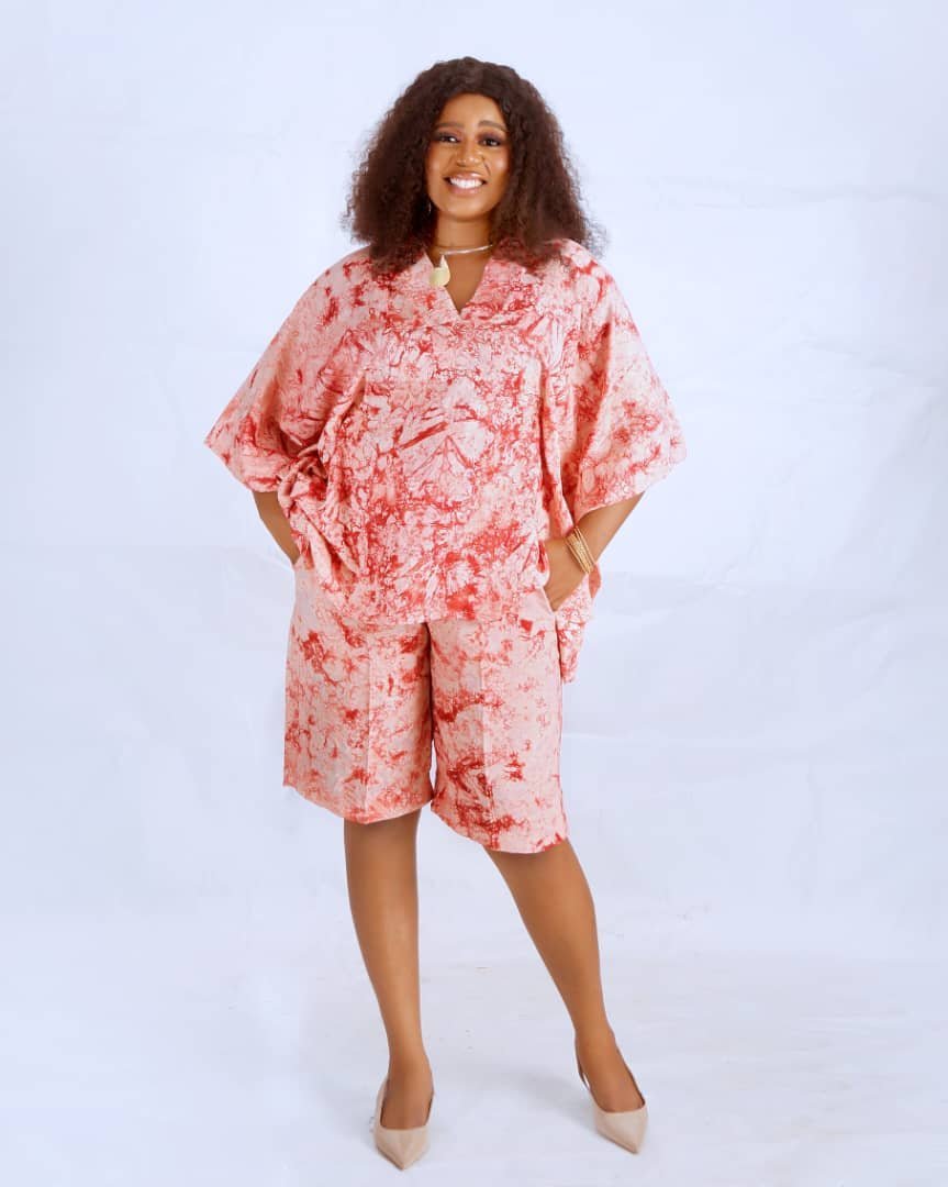 Coral Adire Kimono Top & Shorts Set