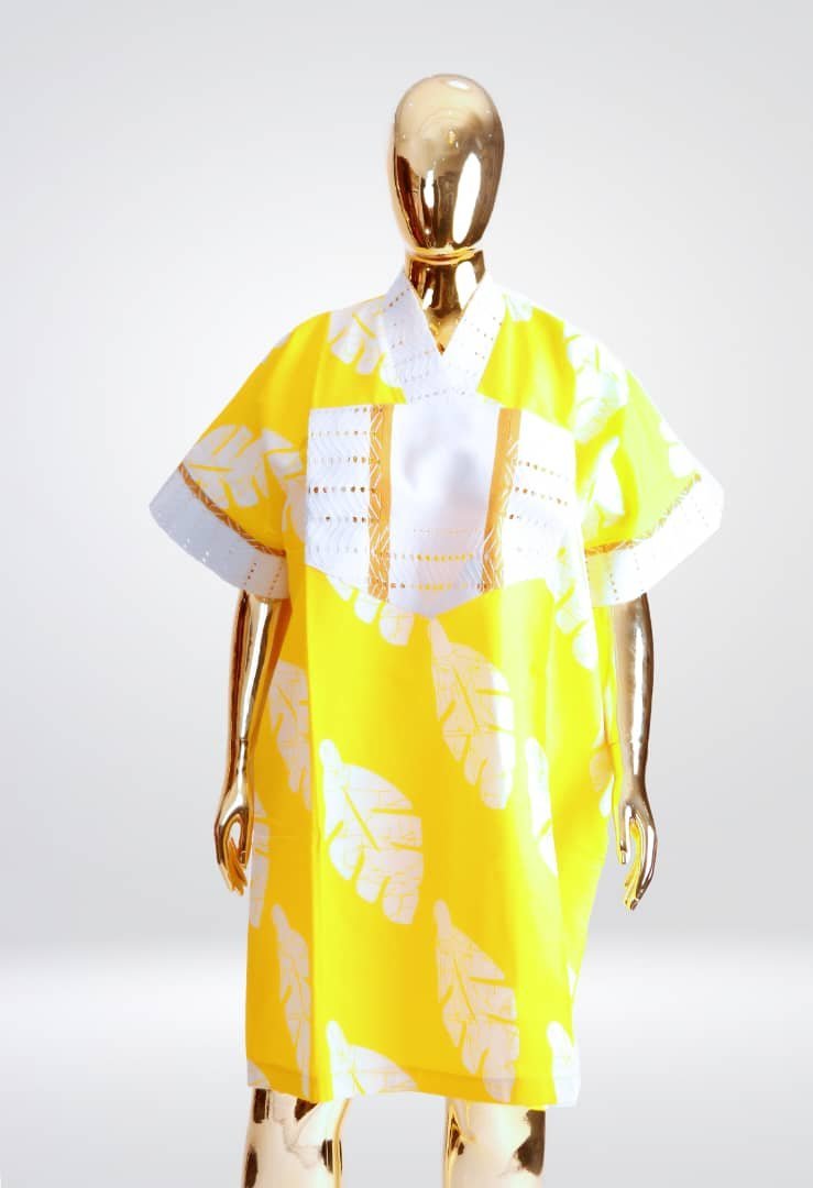 Yellow Leaf-Print Kaftan
