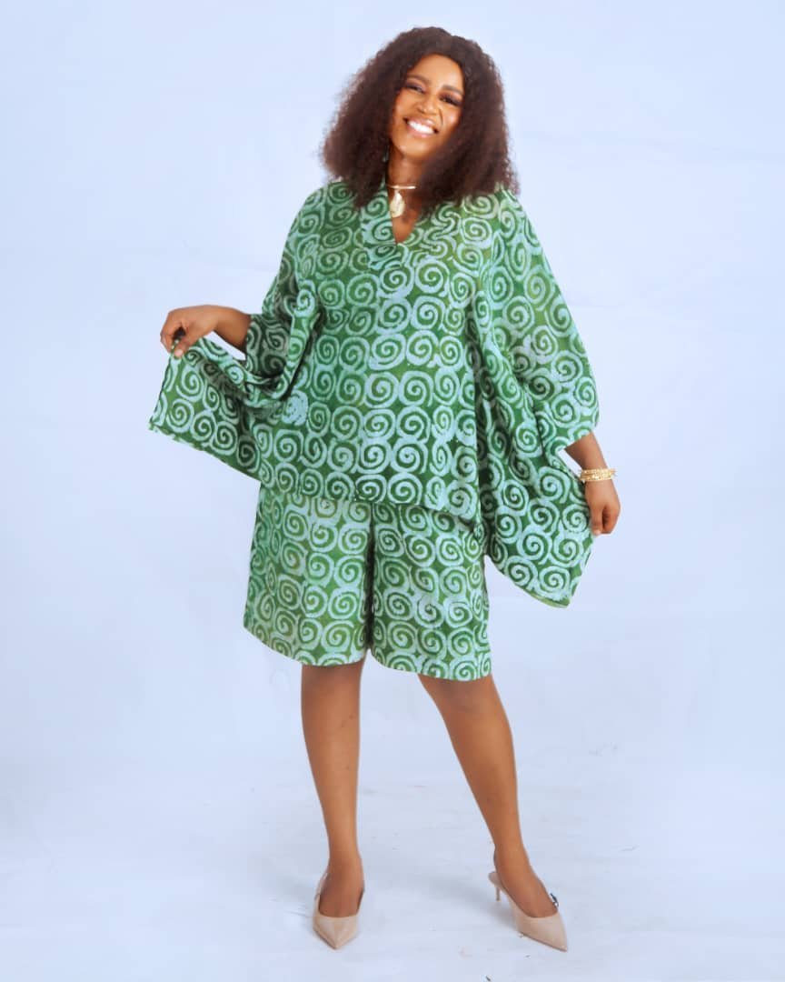 Green Adire Kimono Top & Shorts Set