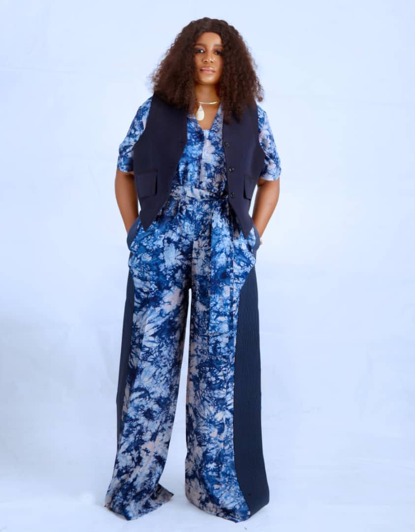 Blue Tie-Dye Jumpsuit with Navy Panels
