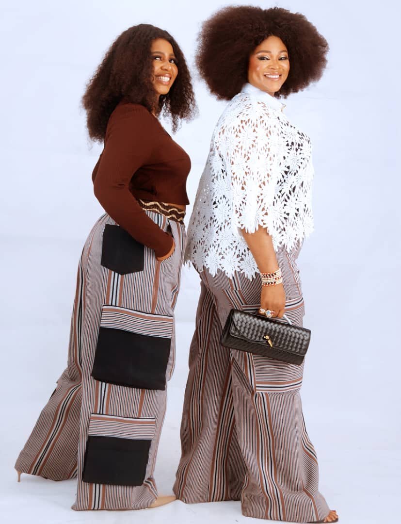 Lace Top & Stripe Wide-Leg Trousers