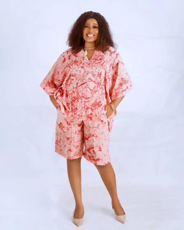 Coral Adire Kimono Top & Shorts Set