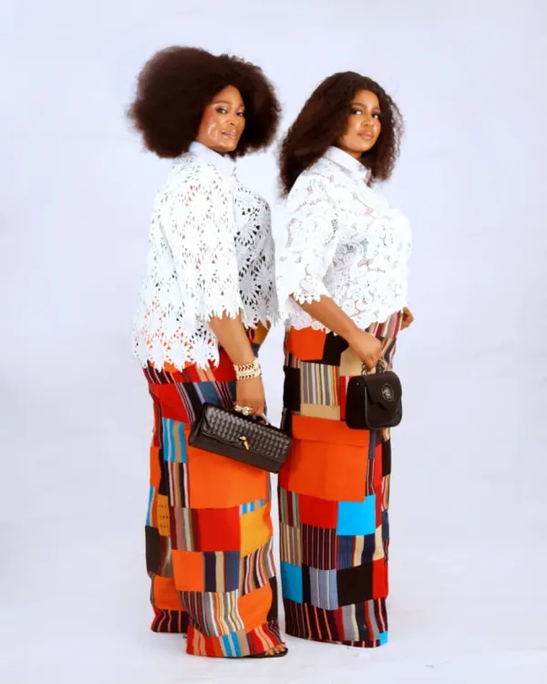 White Lace Top & Patchwork Trousers